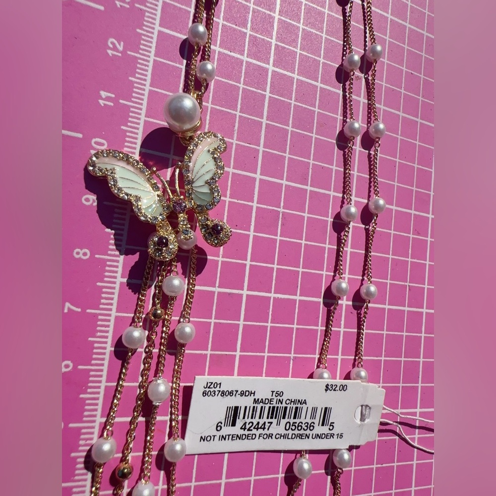 Anne Klein gold tone Y-drop long pearl necklace diamonds paved butterfly pendant